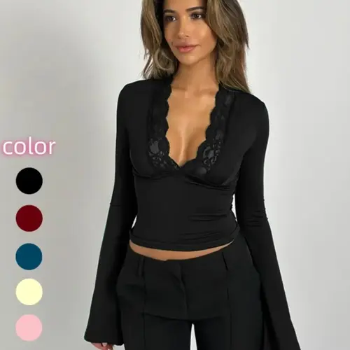 Women's Contrast Lace Plunge Neck Flounce Sleeve Tee, Elegant Deep V Neck Long Sleeve Top for Spring & Fall, Women's Clothes for Daily Wear