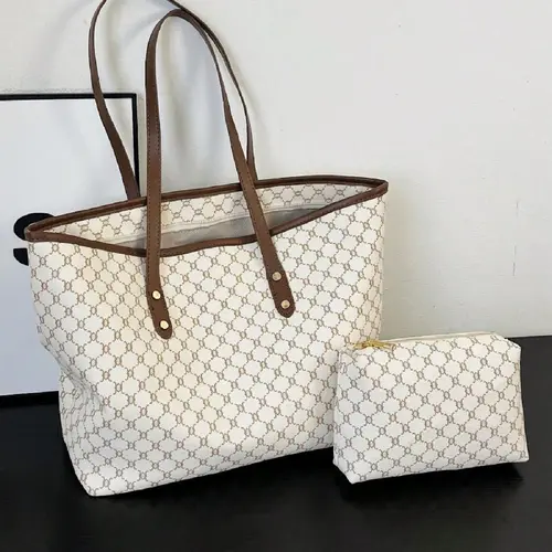 Women's Fashionable Geometric Pattern Tote Bag & Cosmetic Bag, Stylish Casual Versatile Zipper Shoulder Bag & Cosmetic Bag, Trendy Bag Set for Daily Use