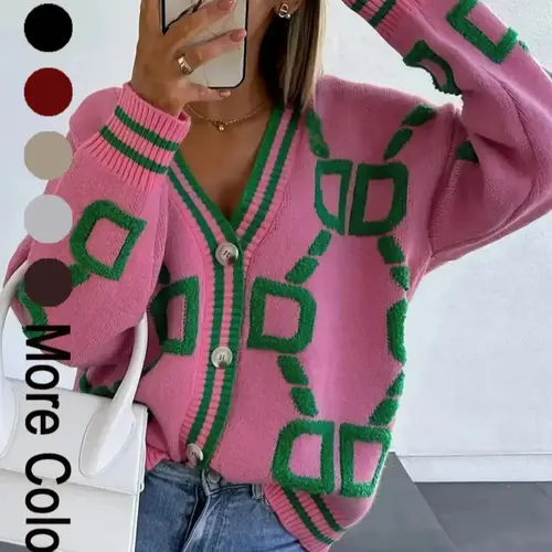 Women's Colorblock Button-Front Cardigan, Knit Cardigans, Casual Drop-Shoulder Long Sleeve V Neck Sweater for Spring & Fall, Knitting Clothes for Women, Ladies Knitwear for Daily Wear, Everyday, Fit, Womenswear, Tops