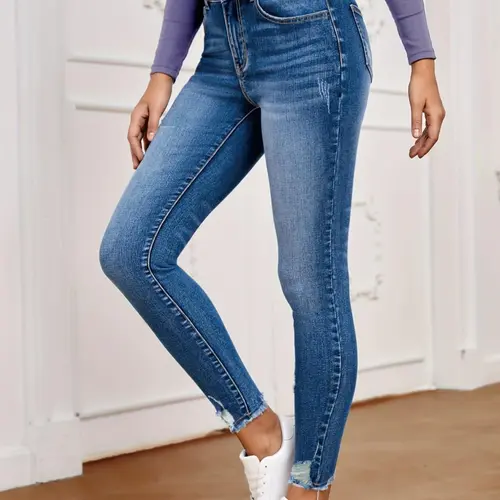 Women's Plain Ripped High Waist Skinny Slim Fit Flattering, Casual Streetwear Chic Fashion Womenswear Cropped Denim Pants for Daily Outdoor Wear, Women Bottoms for Fall & Winter, High Waisted Fit