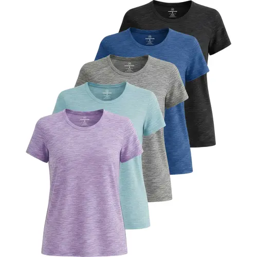 Real Essentials 5 Pack: Women's Short Sleeve T-Shirts Workout Tops Fitness Pilates Gym  Activewear Athletic (Plus Available)