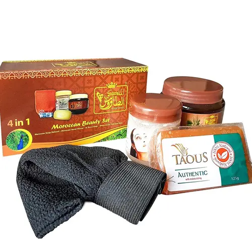 TAO 4-in-1 Traditional Moroccan Beauty Secrets Unisex Selfcare Pack - Natural Moroccan Soap, Taous Soap, Ghasoul Hair & Skin Blend, Hand Gloves Toiletries Kit for Body Care