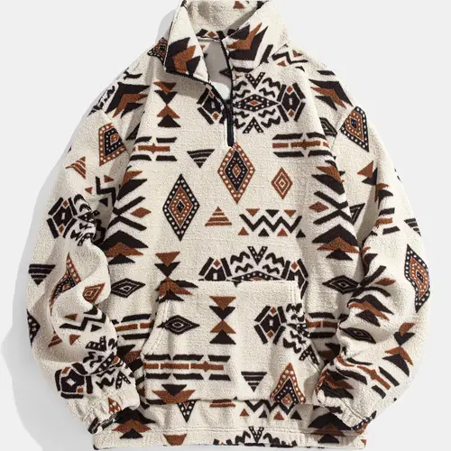 Men's Ethnic Pattern Zip Up Plush Casual Loose Sweatshirt, Casual Long Sleeve Pocket Collared Pullover for Winter, Fashion Men's Clothes for Daily Wear