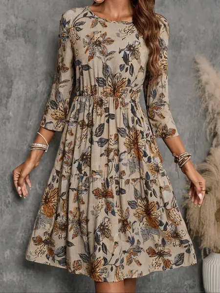 Women's Floral Print Plicated Round Neck Dress, Elegant 3/4 Sleeve Knee Length Dress for Work Office Business, Ladies Spring & Fall Casual Dresses, Casual Boho Bohemian Chic Dress