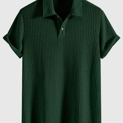 Men's Plain Jacquard Knit Polo Shirt, Regular Fit Casual Short Sleeve Button Front Green Top for Summer, Fashion Clothes for Daily Wear