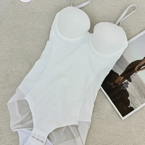 Women's Solid Color Contrast Mesh Sheer Cami Waist Cinching Shapewear Bodysuit, Adjustable Tummy Control Shaper, Women's Shapewear for All Seasons