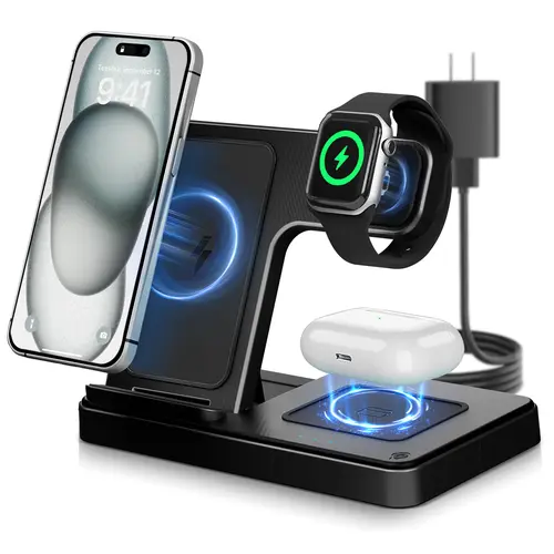 Portable 3-in-1 Wireless Charger, Foldable Charging Station & Phone Stand for iPhone 17 16 15 14 13 12 Pro Max iWatch 11 10 9 8 7 SE AirPods 4 3 2 Pro,Charger Stand Multiple Devices(Requires 20W+ Adapter)