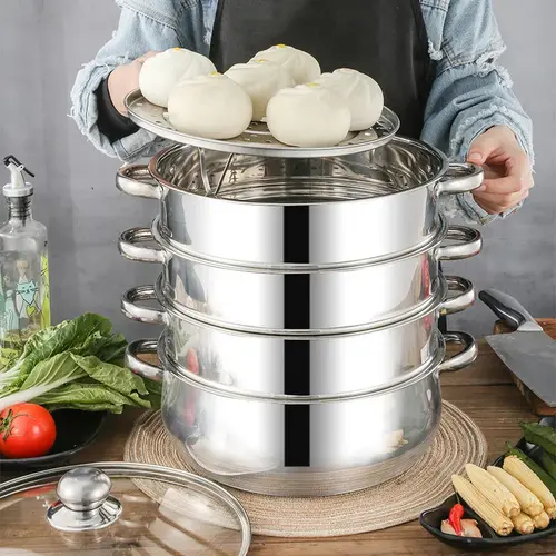 CNCEST 1*5-Tier Round Stainless Steel Steamer Cookware - Round Shape, 5-Layers Multi-Tiered, Glass Lid, 33 lbs Max Per-Tier Capacity, Smooth Finish, All-Stovetop Compatible, Steam+Bottom Cook Home Kitchenware, Housewarming Gift