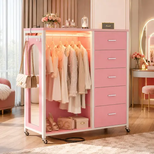 Cyclysio 45'' Dresser with Clothes Rack & Mirror, 5 Fabric Drawers Dresser with Charging Station & LED Lights, Rolling Chest of Drawers with Wheels, Fabric Storage Dresser, Drawer Cabinet,dorm essentials,home decor
