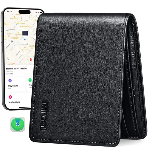Mens Wallet with Tracker for IPhone Find My, 100% Genuine Leather RFID Blocking Slim Bifold Front Pocket Minimalist Wallet for Men Credit Card Holder Smart Wallet for phone16/15/14/13/12 ProMax SummerWins