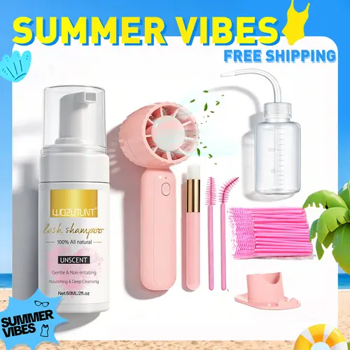 Goiple 3.38oz Eyelash Extension Shampoo Kit - Gentle Cosmetic Cleansing Mousse, Mini Pink Handheld Fan - Salon & Daily Use, Beginner-Friendly Makeup Care