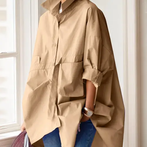 Women's Solid Button Front Pocket Shirt Blouse, Casual Drop Shoulder 3/4 Sleeve Collared Top for Spring & Fall, Women's Clothing for Daily Wear