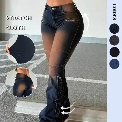 Women's Faded Pocket Button Fly Flare Leg Stretchy Medium Denim Jeans, Flared Leg Jeans, Casual Street Comfy Lace Up Trousers for Daily Wear, Ladies Bottoms for All Seasons