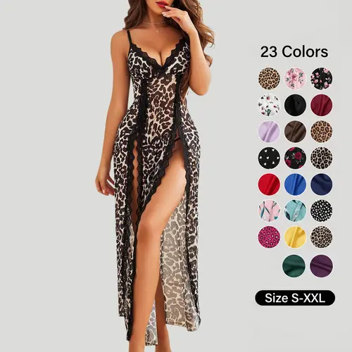 Avidlove Women's Lace Nightgown - Leopard  Mesh Chemise with V-Neck & Side Splits - Fitted Loungewear for Comfortable Wear - Soft Lightweight Lingerie  All-Season Loungewear SpringStatements Slip Dresses Womenswear Nightwear Spaghetti Strap Floral Elegant