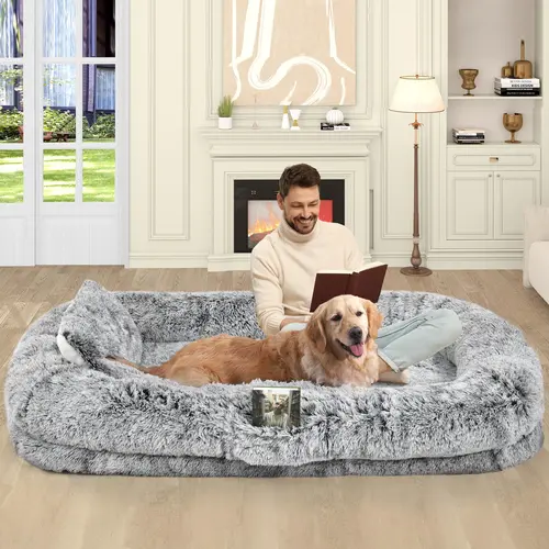 YITAHOME Ergonomic Human-Dog Bed, 79"x43" Extra Large Memory Foam Bed with Washable Fur Cover, Included Blanket & Pillow for Adults & Pets, Ergonomic Design