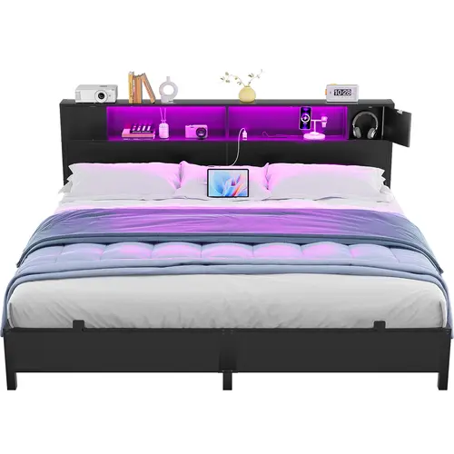 Homieasy Luxury Cool Bed Frame with Charging Station and LED Lights, King Size Bed Frame with Storage Headboard, No Box Spring Needed, Black Bedroom Furniture Bedroom Set Upholstered Platform Bedframe