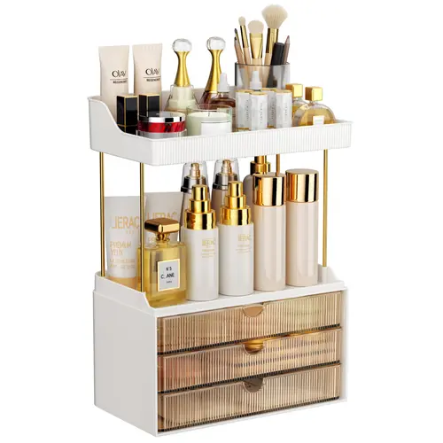 7CODE 2-Tier 3-Drawer Bathroom Cosmetics Storage Cabinet with Amber Racks - Divided Compartments, Beauty Supplies Organizer, Vanity Holder for 2tier Quick Access, 3 Drawers for More, Amber Elegance