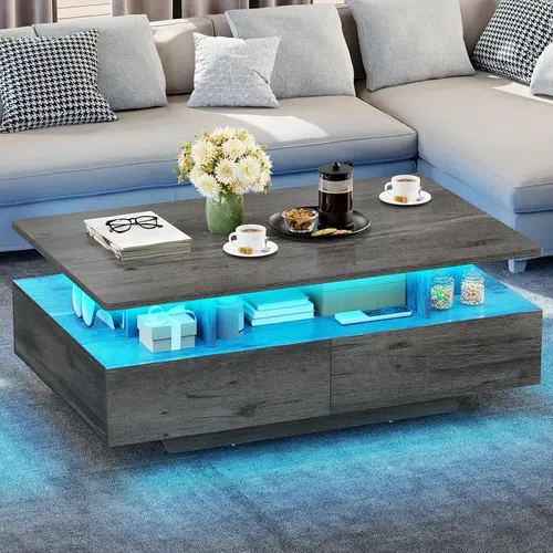 Yitahome Wooden LED Coffee Table with RGB Lights - Compact Design, 4 Drawers & Open Storage, Easy Install Kit, Farmhouse Modern Rectangle Indoor Table for Living Room Home Decor