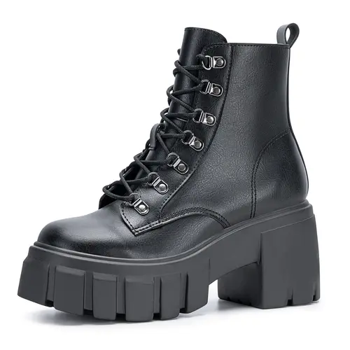 FITORY Women’s Cowgirl Combat Boot, Gothic style Lace-up Side Zipper for All Seasons, Black Ankle Boots High Heel Size 6-11