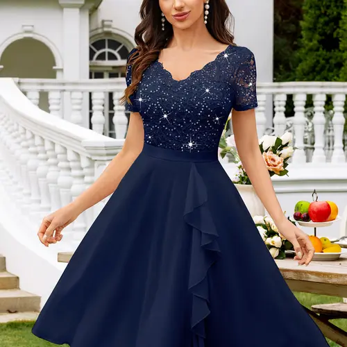 Miusol Women's Elegant Formal Cocktail Dress, V-Neck Fit and Flare with Short Sleeves, Floral Sequin Lace and a Chiffon Ruffle Hem, Formal Dresses For Women, Elegant Dresses For Women