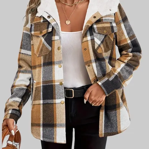 ZEAGOO Womens Plaid Shacket Jacket Long Sleeve Button Down Fleece Hooded Jackets Warm Coat christmas cropped trench coat hoodie jumper Christmas,clothes for back to school,first day of school outfits