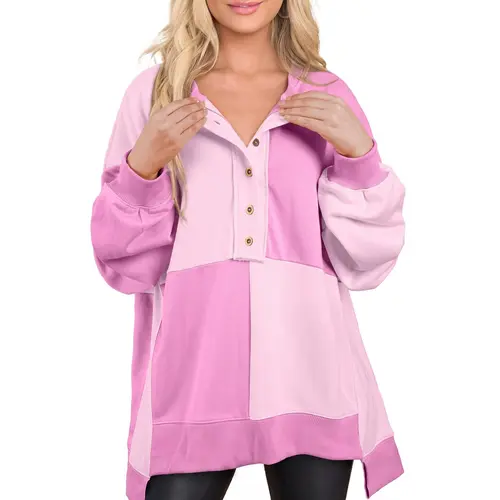 Shewin Women's Waffle Knit Sweatshirt - Knitwear Long Sleeve Tops Women, Casual Oversized Waffle Patchwork Tunic with Half-Button, Side Split, Exposed Seam,back to school,back to school shopping, Baggy