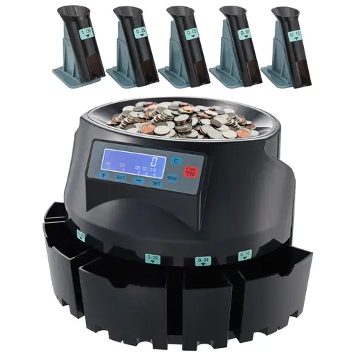 【Summerfinds】VEVOR Digital USD Money Counting Machine - 300 Coins/min Fast Speed, LCD Display, 2000-Coin Capacity, 5 Bins & 5 Tubes for 1c,5c,10c,25c,$1, Counting Quarters Machine for Cash Register