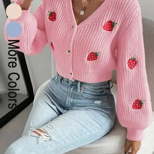 Women's Strawberry Embroidery Button Front Crop Cardigan Knitted Sweater, Casual Fit V Neck Lantern Sleeve Knitwear for Spring & Fall, Fashion Women's Knit Clothing for Everyday Wear