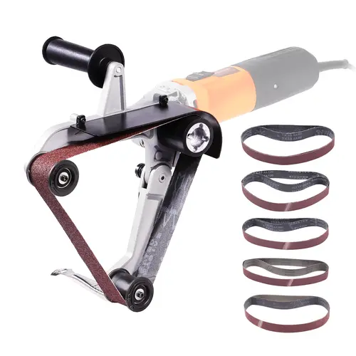 【Summerfinds】VEVOR Angle Grinder Belt Sander Adapter Kit, Aluminum-Alloy Metal Attachment with 5/8-11" Imperial Thread, 10PCS Corundum Oxide Abrasive Belts for Pipe/Tube Sanding, Rust Removal
