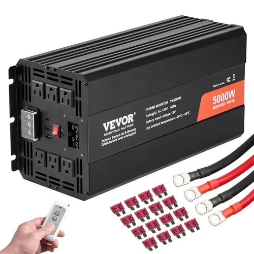VEVOR 12V DC to 120V AC Modified Sine Wave Power Inverter - Max 5000W, 6 AC Outlets, 2 USB Ports, 1 Type-C Port, LCD Display, Remote Controller, Safety Features, Outdoor/Home Emergency High-Load Appliance Accessory
