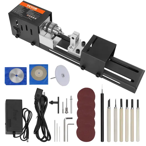 【toolupgrade】VEVOR Compact Lathe Machine with Milling Accessories, Allen Wrench, Adapter, Power Cord, 2.76x6.3in Size, 24VDC 96W Motor, 7-Speed Control (4220-8450 RPM), Aluminum Alloy Build, Ideal for DIY Woodworking, Paper & Cork Turning, Ball Fixing Pin