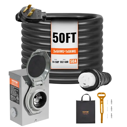 【Summerfinds】VEVOR 50A Current Generator Cable & Outdoor Power Inlet Box Kit, NEMA 14-50P/SS2-50R STW 6/3+8/1 AWG Pure Copper Twist Lock Connector, Pre-Drilled for Home Hookup, ETL Listed, Includes Storage Bag, Heavy-Duty