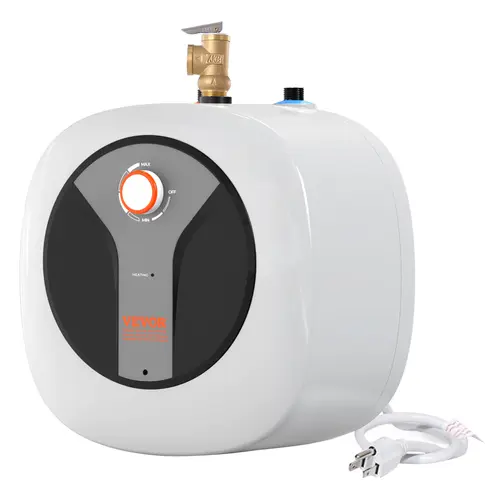 【Summerfinds】VEVOR 8-Gallon Compact Vertical Indoor Electric Mini-Tank Water Warmer, 1440W Boiler with Safety Temperature Pressure Valve, Easy-Install Shelf/Wall/Floor Mounted for Kitchen Bathroom, LED Lights, Hot Water, Horizontal Design, Small Footprint