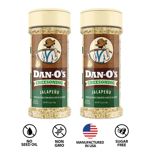 Dan-O's Seasoning Jalapeño Cheesoning - 2 Small Bottles 2.6 oz - Italian parmesan cheese seasoning with a jalapeño twist. Pasta