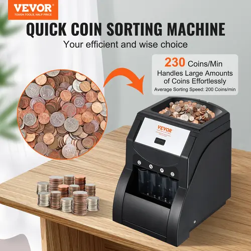 【toolupgrade】VEVOR Efficient High-Speed USD Coin Sorter Machine with Sorting Technology, Sorts 1/5/10/25 Cent Coins Up to 230/min, Boosts Productivity, Holds 200, Includes 4 Tubes & Hassle-Free Packaging, Black