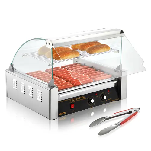 【toolupgrade】VEVOR Commercial Grade Hot Dog Roller Grill Cooker Machine, 11 Rollers Large Cap 30 Hot Dogs, 1650W Stainless Steel, Dual Temp Ctrl, Adjustable Temperature, Glass Hood, Acrylic Cover, Bun Warmer Shelf, Removable Drip Tray, ETL Certified, for