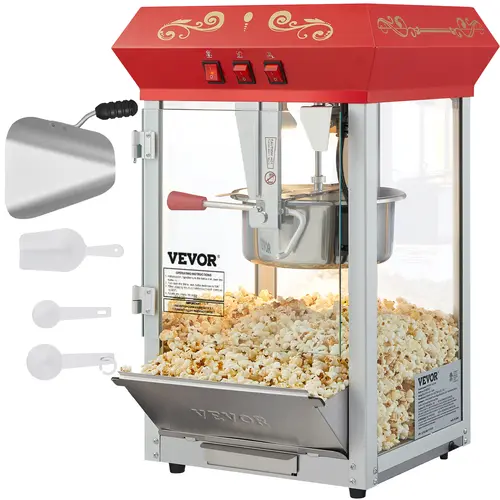 【toolupgrade】VEVOR Commercial Popcorn Machine with Dispenser, 8 Oz Kettle, 850 W Sturdy Tabletop Popper, 48 Cups per Batch, Theater-Style, 3-Switch Control, Steel Frame, Tempered Glass Doors, 60 W Warm Light, 1 Scoop, 2 Spoons, Red, Accessories That Rock