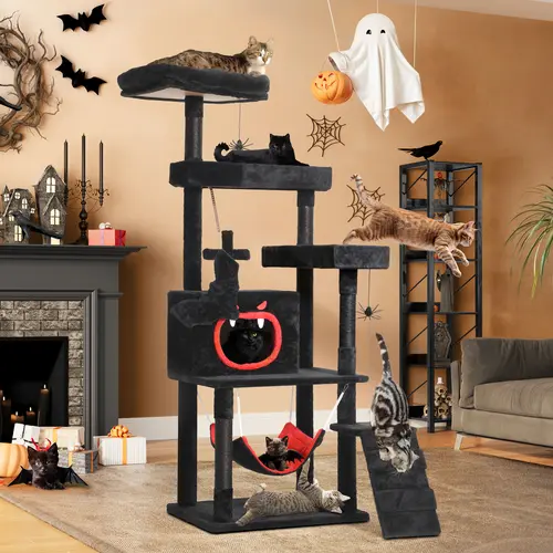DWVO Gothic Cat Tree with Coffin Bed, 63"/38.6"  Tall Cat Tower for Indoor Cats with Top Perch, Spacious Cat Condos, Spider Hanging Balls,Comfy Hammock, Scratching Post and Ladder, Black Halloween