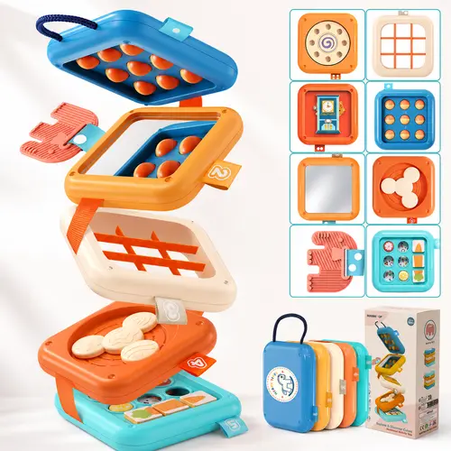 Montessori Busy Cube Travel Toys for Toddlers 1-6 – Stackable 7-in-1 Sensory Activity Cube with Carry Handle – Fine Motor Skills Fidget Toy for Car Plane – Birthday Gift for Boys & Girls Preschool Busy Board,back to school