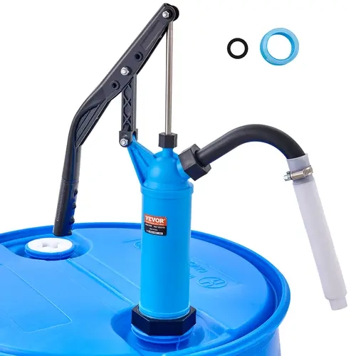 VEVOR High-Strength Materials Lever-Action Barrel Manual Pump, Ergonomic Handle, 9.5 oz Per Stroke, 3-Section 35.4" Suction Tube, Hose, Hose Clamp, PTFE Tape, 1.5"/2" NPT Threads, Drain Transfer for 5-55 Gal Drums (Water, Alcohol)