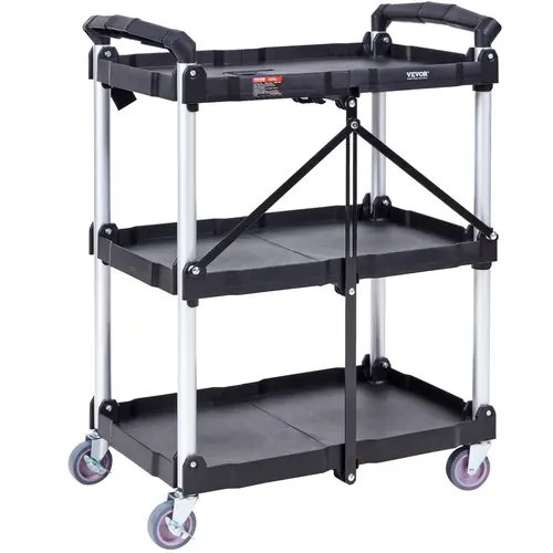 【summerfinds】VEVOR Foldable Utility Service Cart, 3 Shelf 165LBS Heavy Duty Plastic Rolling Cart with Lockable Wheels, Ergonomic Handle, Portable Garage Tool Cart for Warehouse/Office/Home(25.62"x15.43"x32.76")