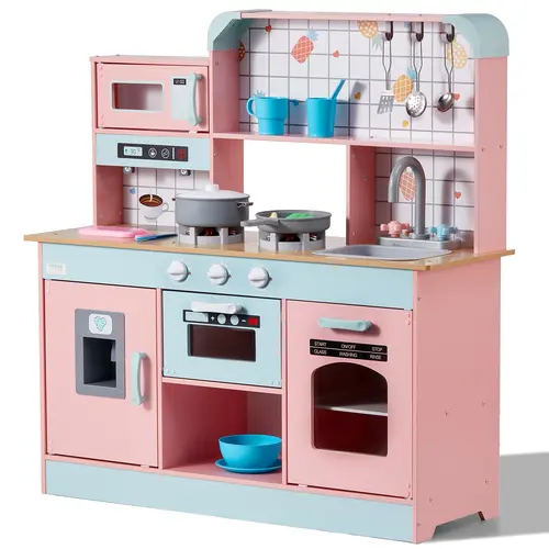 【toolupgrade】VEVOR Toddler Kitchen Playset, Wooden Kid Cooking Sets with Lights & Sounds, Ice Maker, Oven, Sink, Fridge, Pretend Dishes, Cutting Board & Cute Accessories, Christmas Gift for Ages 3-8
