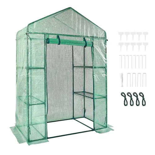 【toolupgrade】VEVOR Walk-in Garden Greenhouse with Walkin Access, 4.6x2.4x6.7 ft 0.02" Steel Frame, UV Level 6 Shield PE Cover, Shelving, Doors, Windows, Zipper, Toolfree Assembly, Indoor/Outdoor Planting/Storage, Father's Day Gift