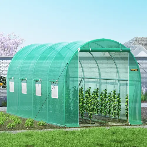 【toolupgrade】VEVOR Walk-in Tunnel Greenhouse, 15 x 7 x 7 ft Portable Plant Hot House with Galvanized Steel Hoops, 1 Top Beam, Diagonal Poles, Zippered Door & 8 Roll-up Windows, Green, Outdoor, Greenhouse Structure Greenhouses