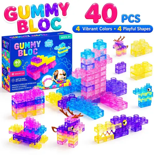 Gigilli 40 PCS Chunky Size BPA-Free Soft Building Blocks for Toddlers 1-3 - Novelty Flexible Colorful Cube Bricks & Parts, Squishy Sensory Stacking Toys, Montessori STEM Play Safe Rubber Set
