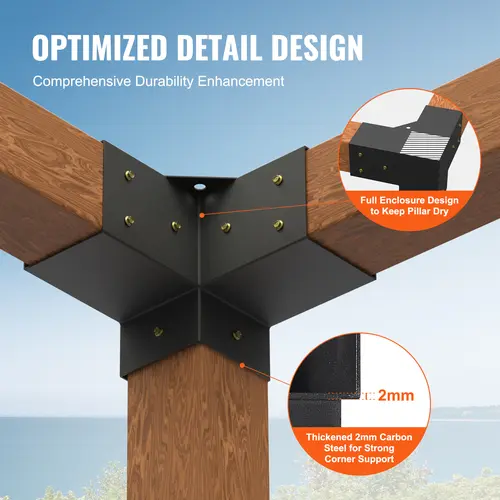 【toolupgrade】VEVOR 4pcs 4''x4'' (Inner Size 3.6''x3.6'') Carbon Steel 3-Way Heavy Duty Pergola Bracket Kit, Sturdy Bracket with 90° Boot Stability, Rainproof Full Coverage Beam Base for Gazebos, Easy Installation DIY Woodworks Post Base, Rainproof Beam B