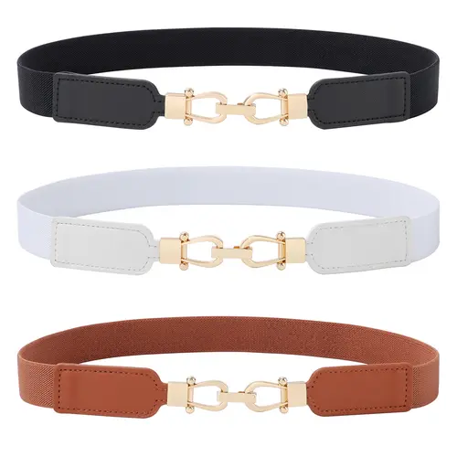 AWAYTR Women's 2-3 Pack Casual Skinny Elastic PU Faux Leather Belts with Retro Interlocking Buckle - Waistband for Dresses, Jeans, Ideal for Daughters, Daughter, Belt With Buckle, Elastic Stretch Belt