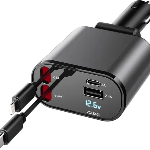4 in 1 Retractable Car Charger, USB C Fast Charging Adapter[Max100W] with Lightning Cable&Dual Charge Port Compatible with iPhone 15/14/13 Pro Max Plus/iPad/AirPods,Samsung Galaxy S23/S22/S10,Google Smartphone Electronic Cellphone Mobile