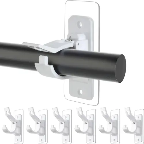 Antimbee White 6-Pack Heavy Duty Self-Adhesive Curtain Rod Holders Brackets - No Drill, Renter-Friendly, Damage-Free, Smooth Stainless Hooks for Apartments, Garage; Fits Shower Rods & Towels, Shower Rod Hooks
