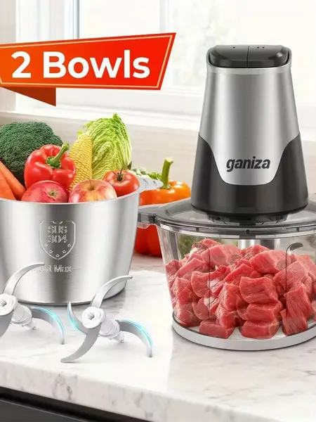 Ganiza Food Processor with 8 Cup Glass Bowls & 8 Cup Stainless Steel 2-Speed Food Chopper Meat Grinder Upgraded Button & Smart Overheat Protection Light - Includes Clean Brush 2 Sets of Blades Kitchen Vegetable Slicer Vegetable Cutter Kitchen Appliances